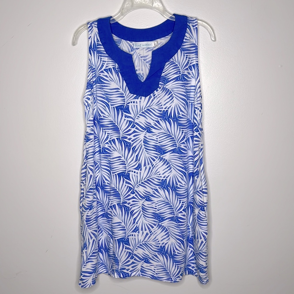 Blue Water Summer Dress or Cover Up Blue White Palm Frond Design Size S